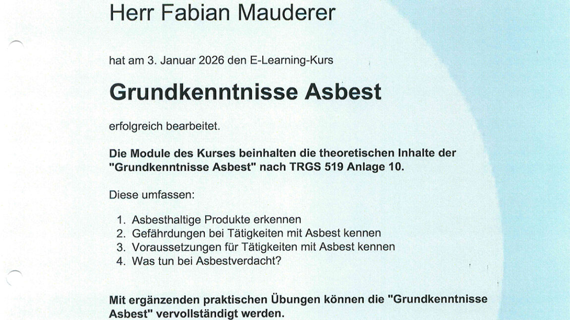 Bescheinigung Grundkenntnisse Asbest