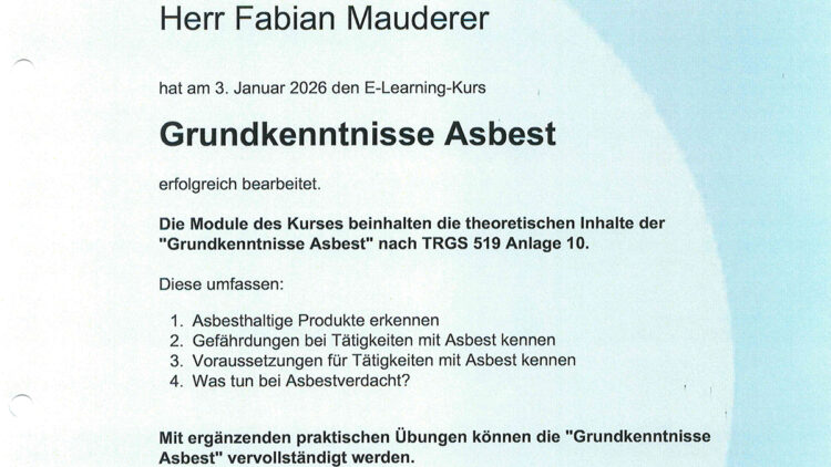 Bescheinigung Grundkenntnisse Asbest